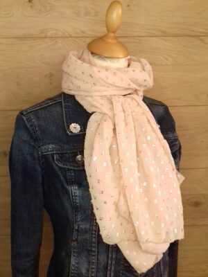 Foulards voile léger beige rosé avec plumetis argentés