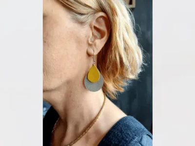 Boucles d'oreilles gouttes jaune&orange en cuir upcyclé