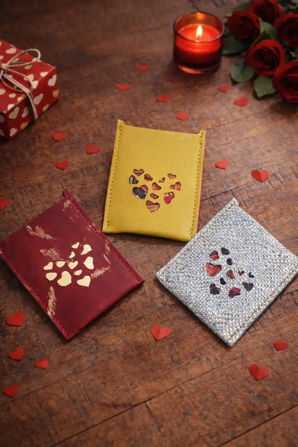 Porte-carte cœur bordeaux et doré