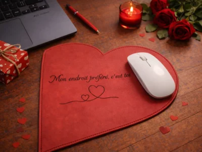 Tapis de souris en cuir rouge en forme de cœur, personnalisable avec un message d’amour. Un cadeau artisanal unique, fait main à Pau, élégant et durable-Pau de Cuir-Maroquinerie artisanale