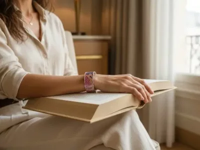 Mains de femme avec une manchette acier et cuir rose posée sur un livre ouvert-Pau de Cuir-Pau-Maroquinerie artisanale