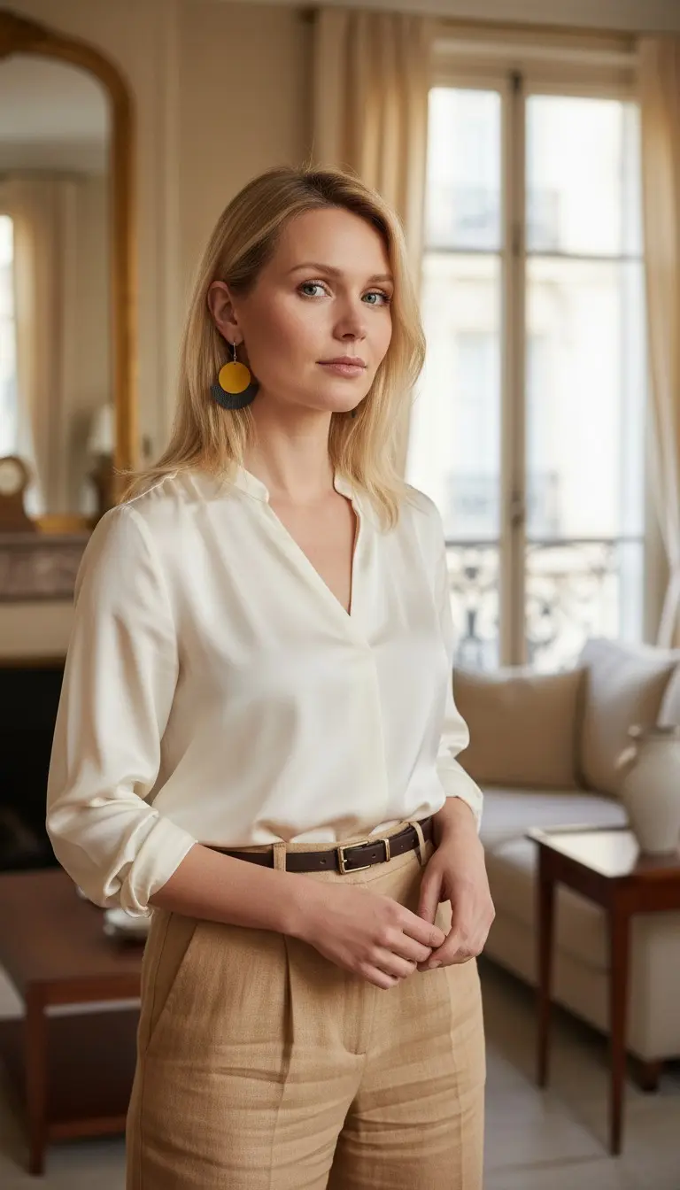 Femme elegante portant les boucles d'oreilles en cuir gingko verte et rond jaune - Pau de Cuir-Maroquinerie artisanale - Pau