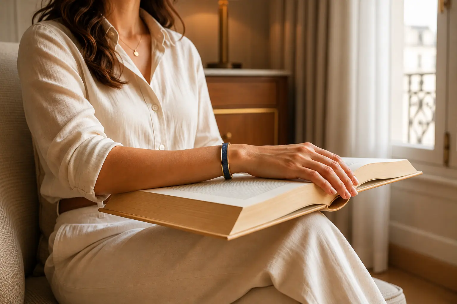 Mains de femme avec une manchette acier et cuir imprimé serpent bleu nuit posée sur un livre ouvert-Pau de Cuir-Pau-Maroquinerie artisanale