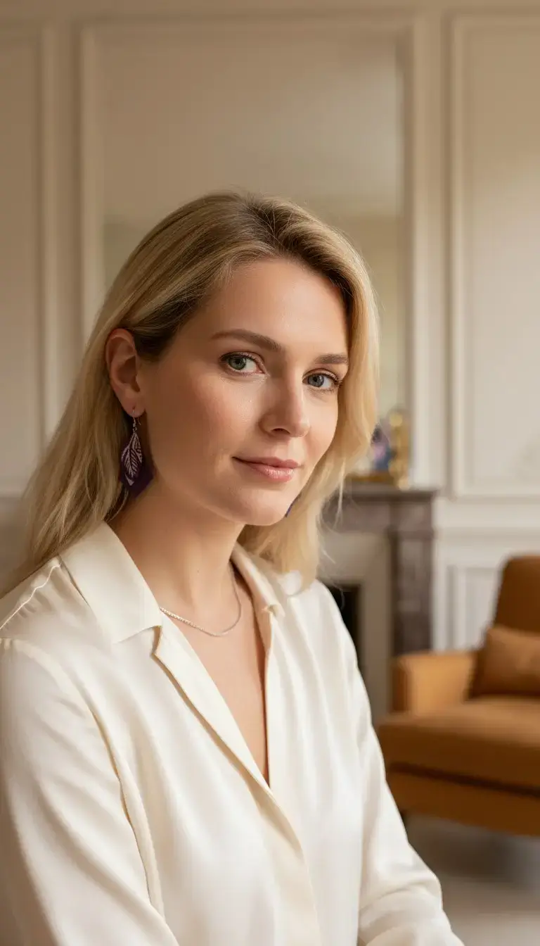 Femme elegante portant les boucles d'oreilles en cuir prisme violet et feuille embossée - Pau de Cuir-Maroquinerie artisanale - Pau