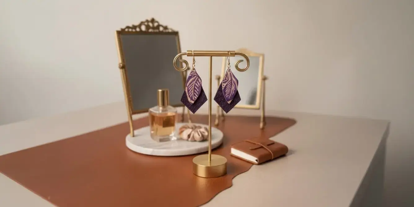 Boucles d'oreilles en cuir prisme violet et feuille posées sur un présentoir en laiton doré- Pau de Cuir-Maroquinerie artisanale - Pau