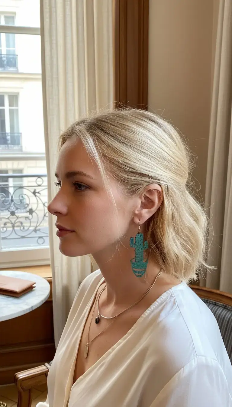 Femme elegante portant les boucles d'oreilles en cuir Cactus vert Pau de Cuir-Maroquinerie artisanale - Pau